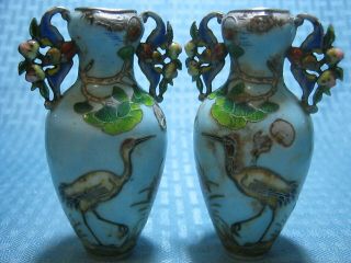 Pair Antique Chinese Export Silver Enamel Vases 19th Century Marked