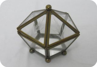 Vtg Small Brass Leaf Eched Glass Display Mini Curio Jewelry Case Pyramid Box