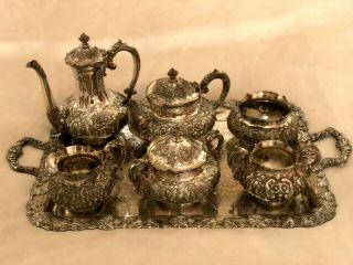 Stunning 7 - Pc.  Victorian Era Wilcox Silver Plate Repousse Tea Coffee Set Tray