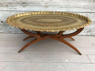 Vintage Mcm Moroccan Pierced Brass Oval Tray Table W/ Spider Leg Teak Base