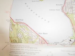Vintage USGS Map Mercer Island Washington 1950 Topographic US Army Bellevue 10