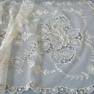 Vintage French Tambour Lace 43 " Runner Embroidered Flowers Swags Openwork Roses