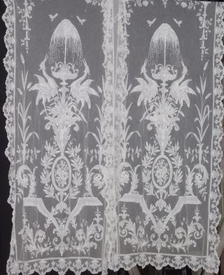 Magnificent Pair French Chateau Net Lace Tambour Curtains Figural Fountain Birds