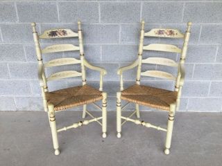 L.  Hitchcock Ivory Harvest Ladder Back Rush Bottom Arm Chairs