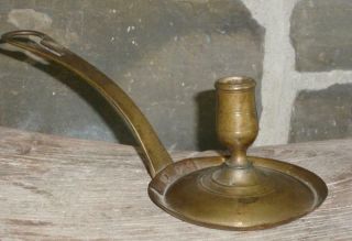 Antique 18th C Brass Chamberstick Candleholder Colonial Period Early