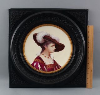 19thc Antique Porcelain Painting,  Portrait Renaissance Woman,  Plate & Frame