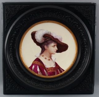 19thC Antique Porcelain Painting,  Portrait Renaissance Woman,  Plate & Frame 2