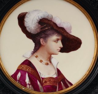 19thC Antique Porcelain Painting,  Portrait Renaissance Woman,  Plate & Frame 3