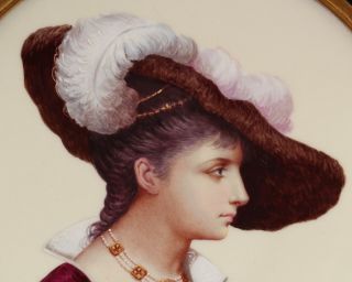 19thC Antique Porcelain Painting,  Portrait Renaissance Woman,  Plate & Frame 4