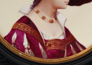 19thC Antique Porcelain Painting,  Portrait Renaissance Woman,  Plate & Frame 5