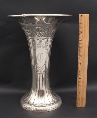Large Antique Early 20thc Whiting Sterling Silver Vase,  Engraved Floral Design