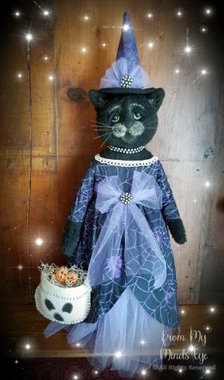☆primitive Ooak Folkart Halloween Fall Black Cat Witch Ghost Pumpkin Doll ☆