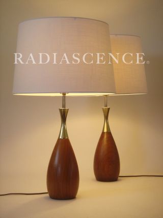 PAIR TONY PAUL WESTWOOD WALNUT BRASS MODERN ATOMIC BOWLING PIN TABLE LAMPS 1950s 3