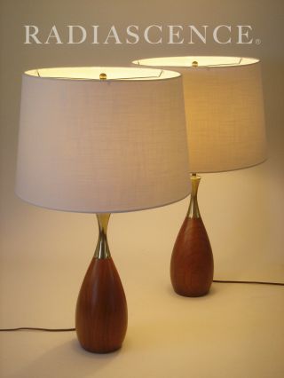 PAIR TONY PAUL WESTWOOD WALNUT BRASS MODERN ATOMIC BOWLING PIN TABLE LAMPS 1950s 5