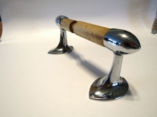 Vintage Chrome Bullet Shaped Toilet Paper Tissue Holder Wooden Roller Art Deco 2