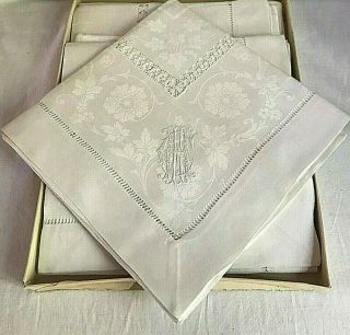 Antique Lace (6) Irish Linen Damask Napkins - Exquisite Monogram 27  X 27  & Box