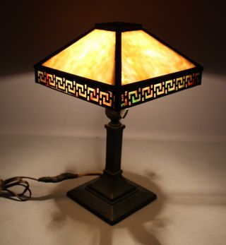 Small Antique Early 20thC Arts & Crafts 2 - Color Slag Glass Desktop Lamp 4