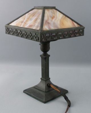 Small Antique Early 20thC Arts & Crafts 2 - Color Slag Glass Desktop Lamp 5