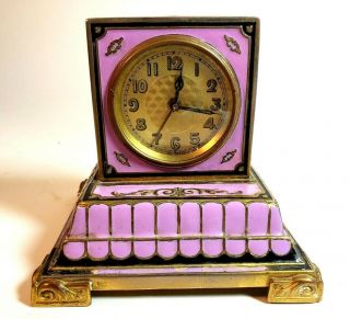 Art Deco Lavender Enamel Continental Boudoir Desk Clock On Gilt Bronze