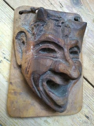 Vintage Hand Carved Wooden Devil - Decorative Wall Mask Satan Imp Pan Demon Wood