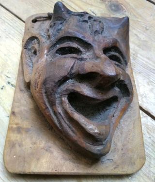 Vintage Hand Carved Wooden Devil - Decorative Wall Mask Satan Imp Pan Demon Wood 2