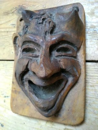 Vintage Hand Carved Wooden Devil - Decorative Wall Mask Satan Imp Pan Demon Wood 3