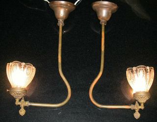 Pair Antique Victorian Brass Pendant L Tube Gas Fixtures Etched Shades 20 X10 "