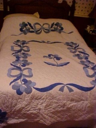 Vintage Appliqued Quilt,  From A Kit,  Blue Bows