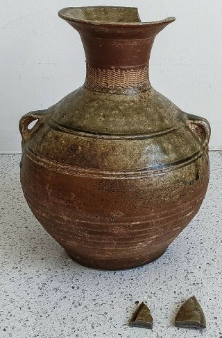 Very Early Chinese Running Glaze Olive Green Jar Vase Pot Hu Ming Han Song Yuan