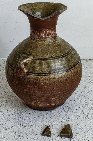 Very Early Chinese Running Glaze Olive Green Jar Vase Pot Hu Ming Han Song yuan 2