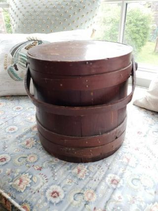 Antique Vintage Primitive Wooden Firkin Sugar Bucket W/swing Handle & Lid