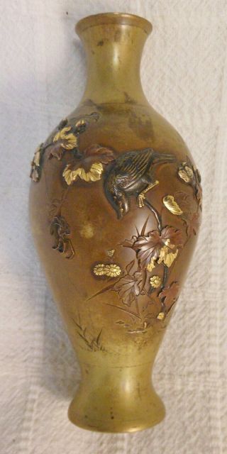 Antique Meiji Japanese Mixed Metal Vase Well Signed,  Gold,  Brass,  Bird.  Spider