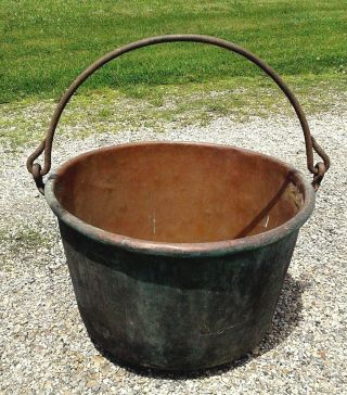 Antique Copper Apple Butter Kettle Cauldron Wrought Iron Handle Dovetail