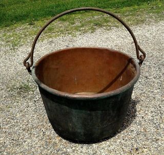 Antique Copper Apple Butter Kettle Cauldron Wrought Iron Handle Dovetail 2