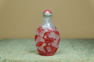 Antique Chinese Peking Glass Red Floral Overlay With Pink Tourmaline Top.