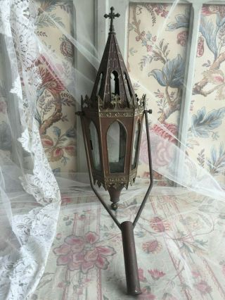 2 ANTIQUE FRENCH GOTHIC COPPER GLASS CHURCH PROCESSION LANTERN RESERVED SCOTT 10