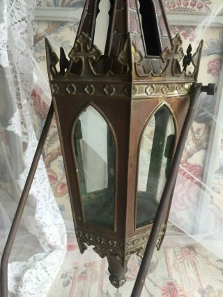 2 ANTIQUE FRENCH GOTHIC COPPER GLASS CHURCH PROCESSION LANTERN RESERVED SCOTT 2