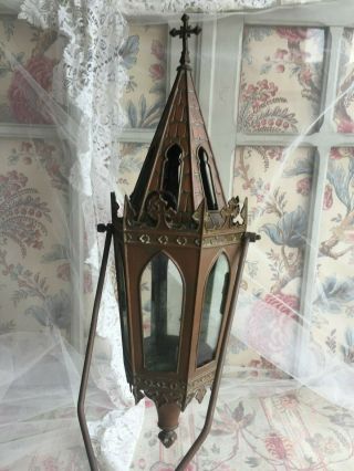 2 ANTIQUE FRENCH GOTHIC COPPER GLASS CHURCH PROCESSION LANTERN RESERVED SCOTT 3