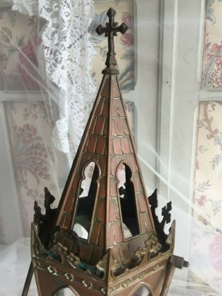 2 ANTIQUE FRENCH GOTHIC COPPER GLASS CHURCH PROCESSION LANTERN RESERVED SCOTT 4
