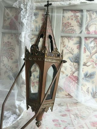 2 ANTIQUE FRENCH GOTHIC COPPER GLASS CHURCH PROCESSION LANTERN RESERVED SCOTT 6