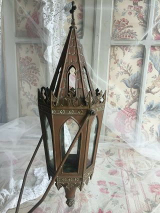 2 ANTIQUE FRENCH GOTHIC COPPER GLASS CHURCH PROCESSION LANTERN RESERVED SCOTT 7