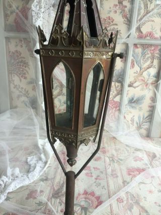 2 ANTIQUE FRENCH GOTHIC COPPER GLASS CHURCH PROCESSION LANTERN RESERVED SCOTT 9