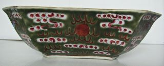 2 Chinese famille rose green base bowl with double blue dragons and red clouds 5