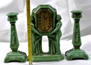 Antique Set FRANKART NUDES Green Art Deco Clock w/ Two Candlesticks Patented 11
