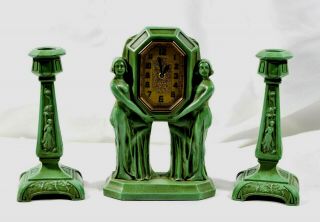 Antique Set Frankart Nudes Green Art Deco Clock W/ Two Candlesticks Patented