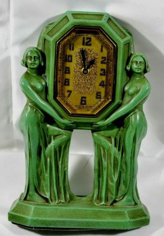 Antique Set FRANKART NUDES Green Art Deco Clock w/ Two Candlesticks Patented 2