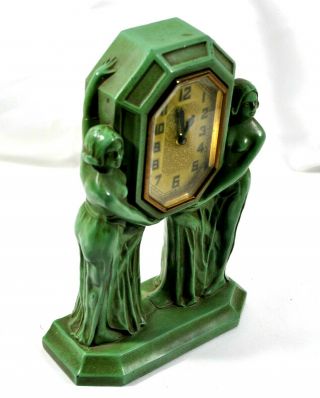 Antique Set FRANKART NUDES Green Art Deco Clock w/ Two Candlesticks Patented 3