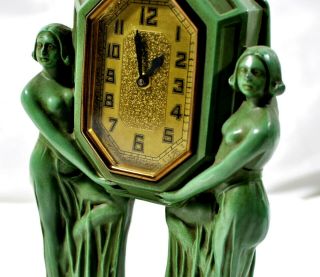 Antique Set FRANKART NUDES Green Art Deco Clock w/ Two Candlesticks Patented 8