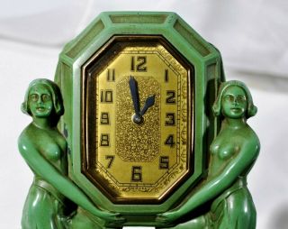 Antique Set FRANKART NUDES Green Art Deco Clock w/ Two Candlesticks Patented 9