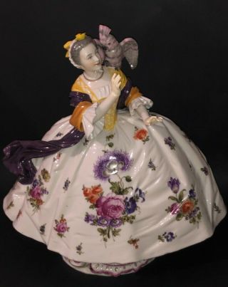 Large German Dressel & Kister Porcelain Rococo Lady With Parrot Figure